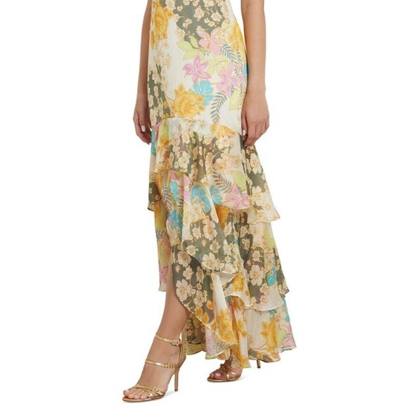 GUESS Women's Sleeveless High-Low Vicky Maxi Dress Floral Print Butter Yellow S - Picture 4 of 16